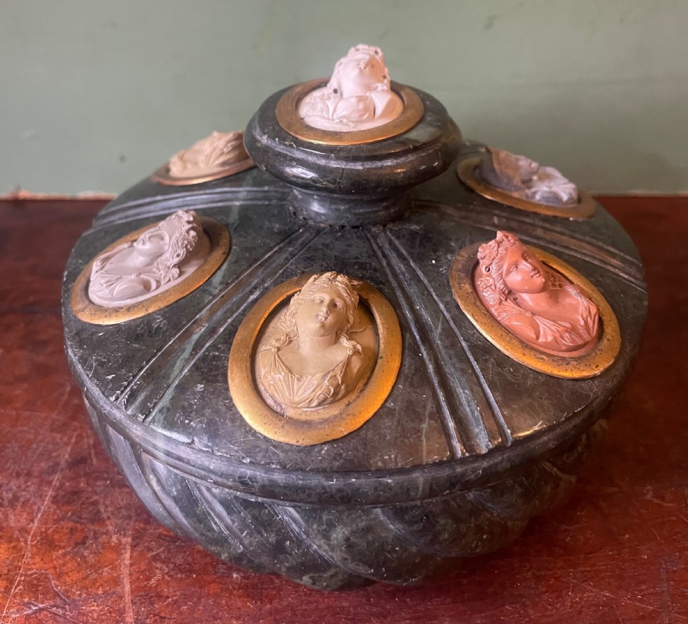 c19th italian neapolitan grand tour souvenir carved prato verde marble inkstand set with carved lava portrait cameo intaglios