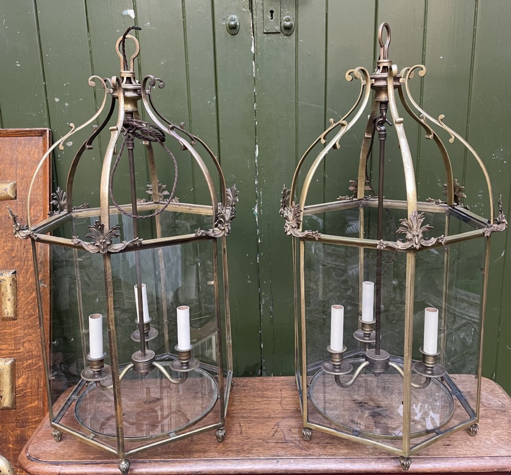 pair of early c20th brassframed hexagonal hall lanterns of late c18th george iii period design