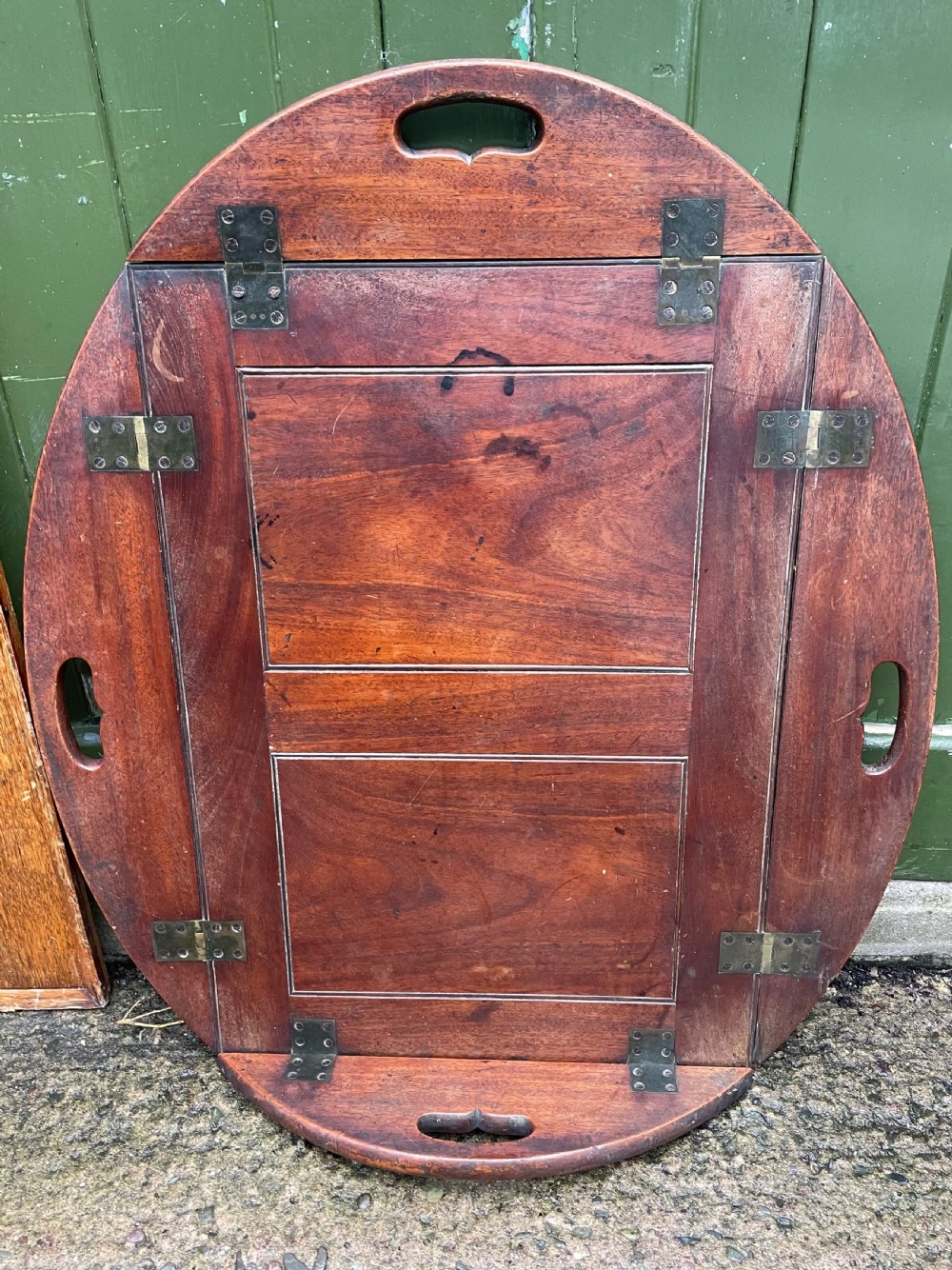 late c18th george iii period mahogany oval butlers tray with brass hinged folding sides