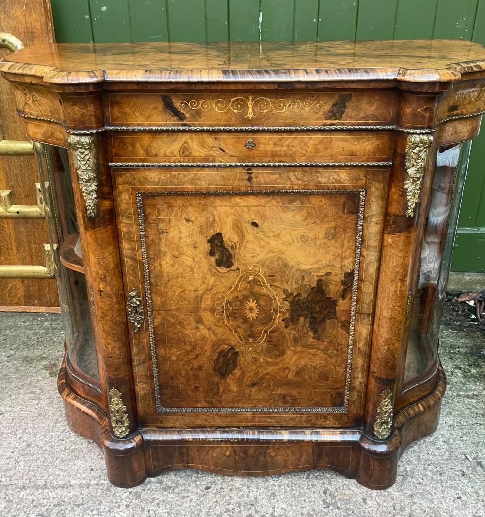 mid c19th victorian period inlaid and ormolumounted burr and figured walnut credenza with rare fitted secretaire writing drawer