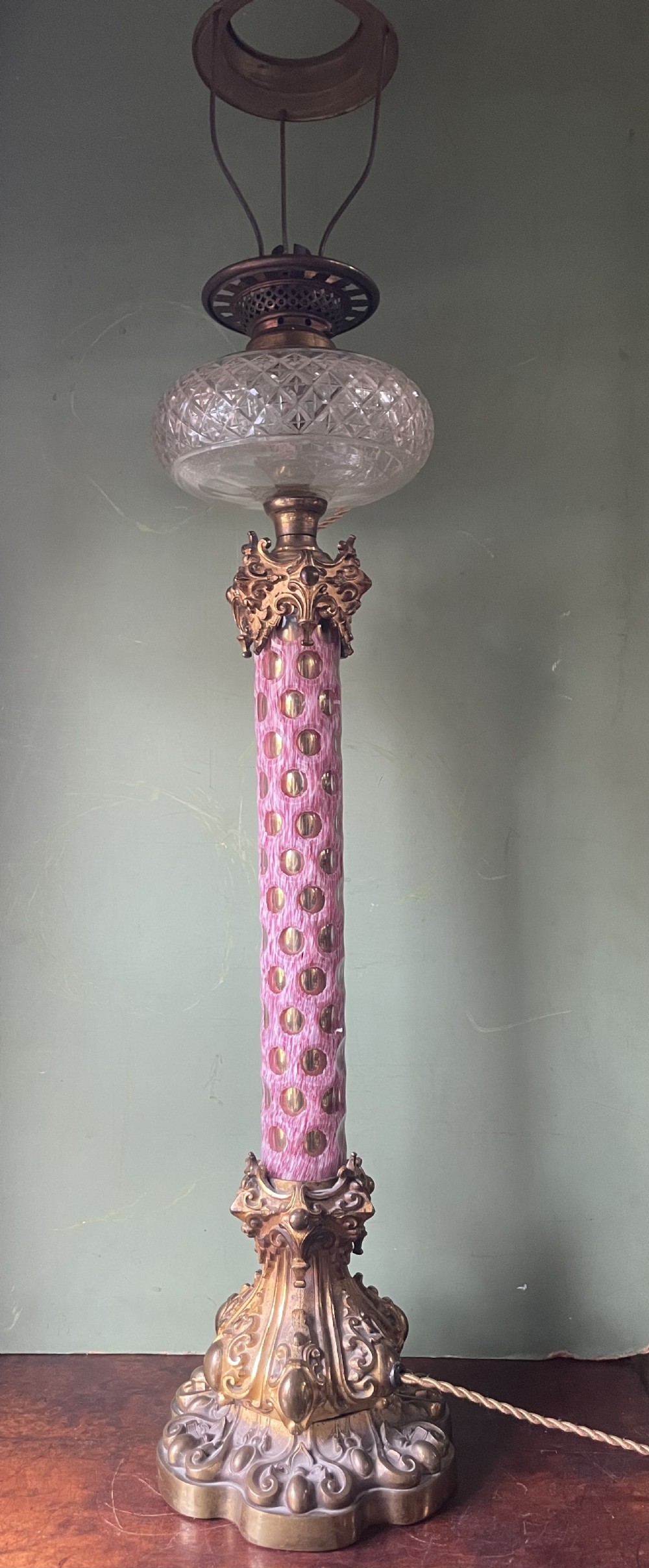 impressivelyscaled bold mid c19th ormolumounted cut overlay glass column lamp of flamboyant design and colour