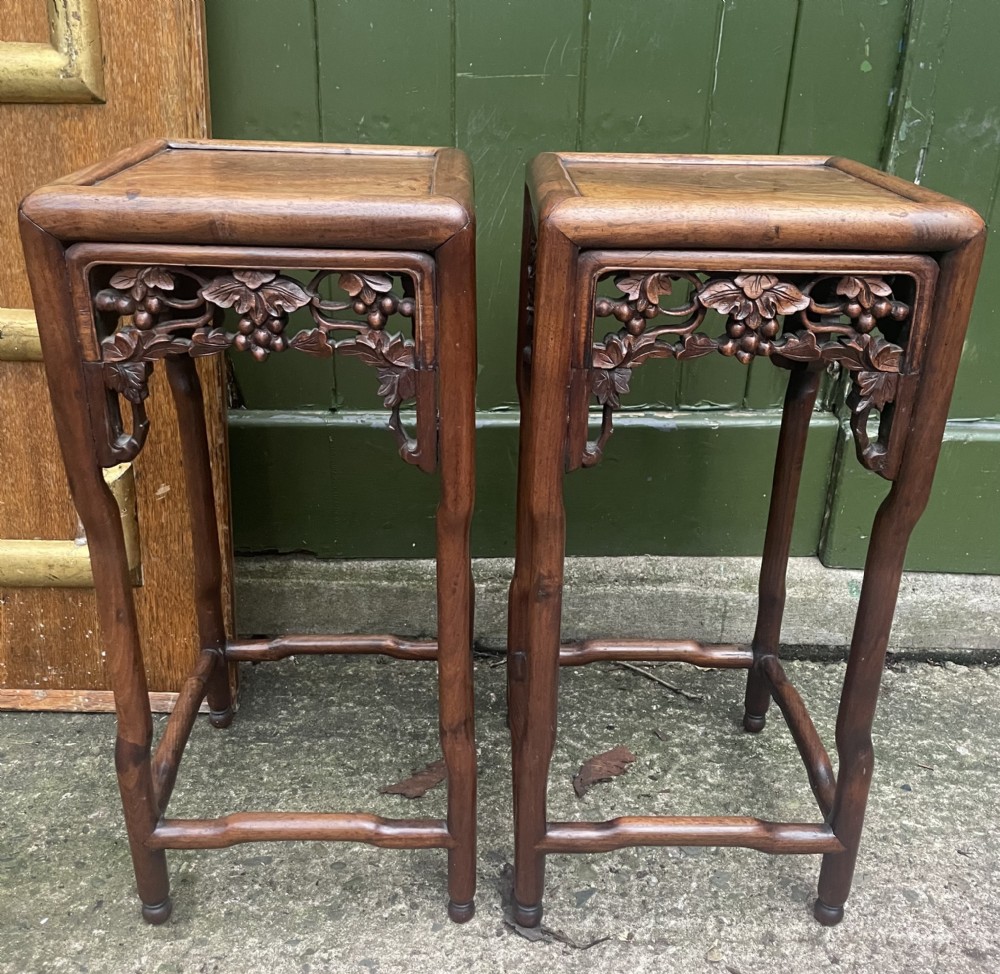 pair of late c19th early c20th chinese qing dynasty carved huali hardwood end tables