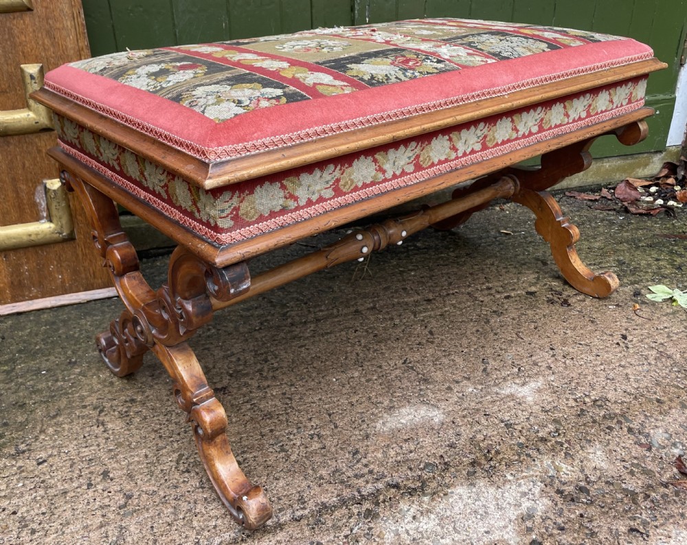 mid c19th carved walnut x frame ottoman stool of good larger scale