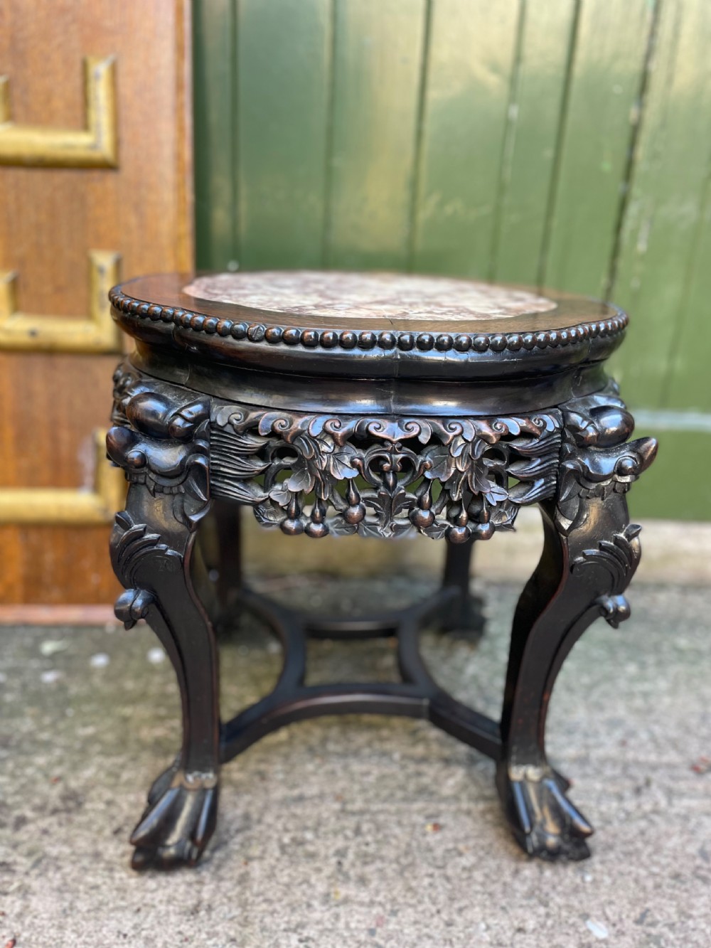 late c19th chinese qing dynasty carved hardwood stand or table with inset marble top