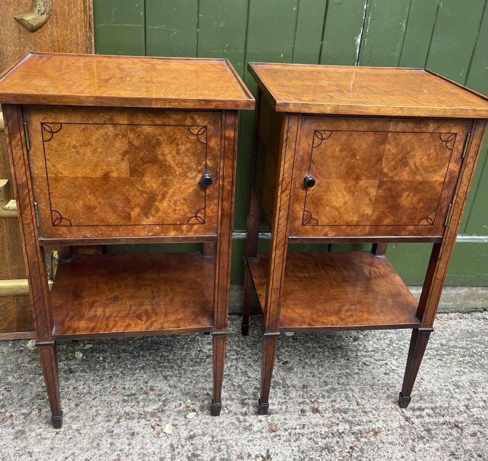 pair of elegant late c19th figured walnut or satin birch bedside tables or nightstands