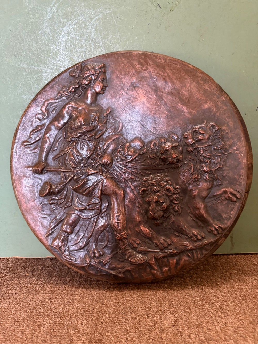 late c19th classical style electrotype repousse highrelief patinated copper circular roundel or tondo