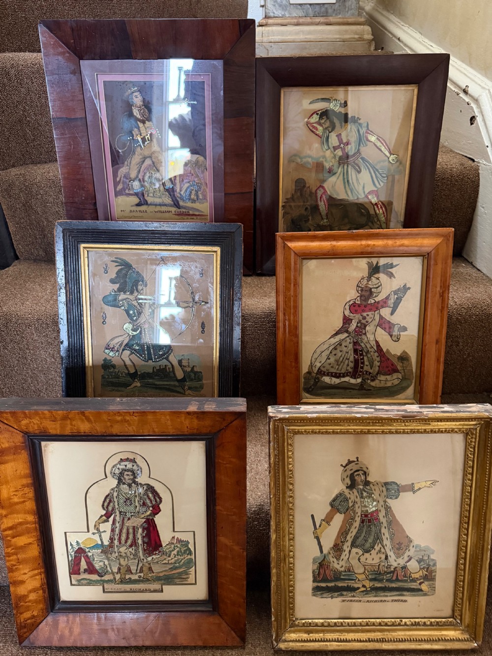 decorative collection of six early and mid c19th framed tinsel and decoupage theatrical prints