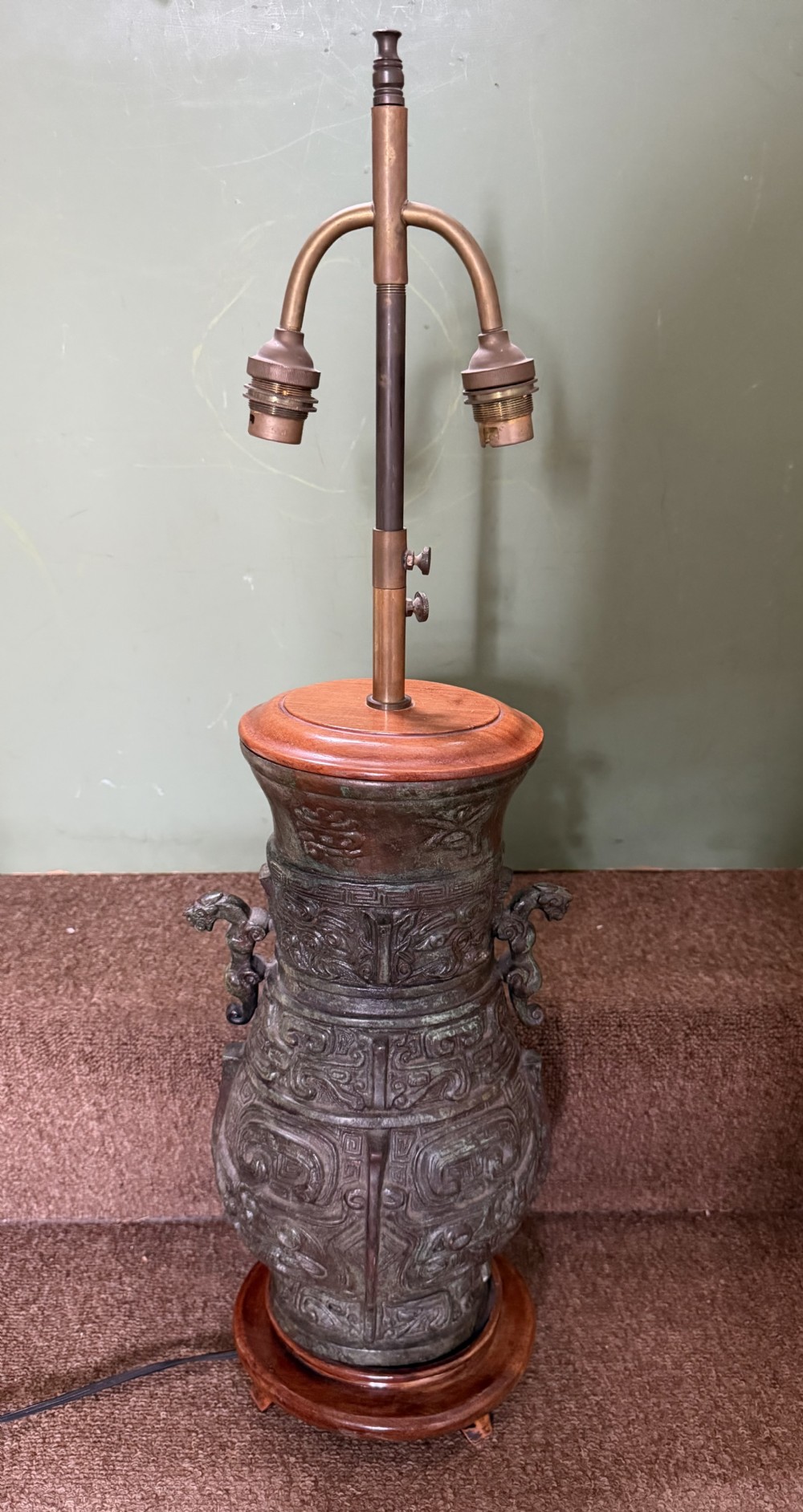 early c20th chinese patinated bronze archaistic style vase lamp