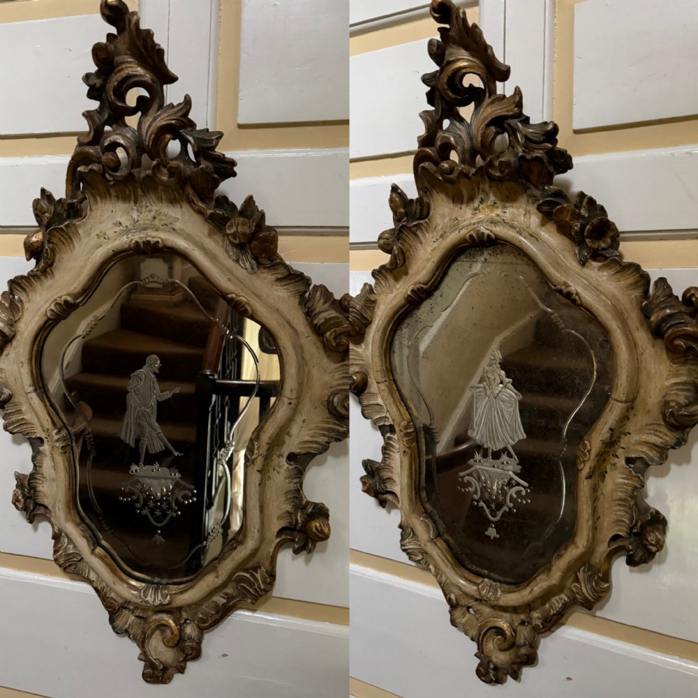 pair of highly decorative c19th italian venetian rococo style polychrome and carved giltwood mirrors in the c18th taste