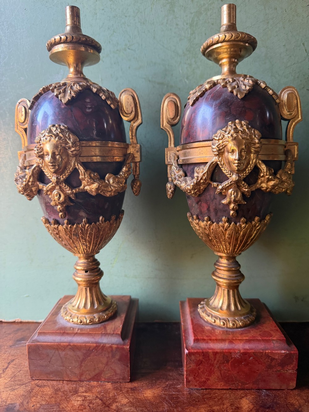 pair of late c19th ormolumounted rouge marble vase tablelamps modelled as cassolettes in the louis xvi period style