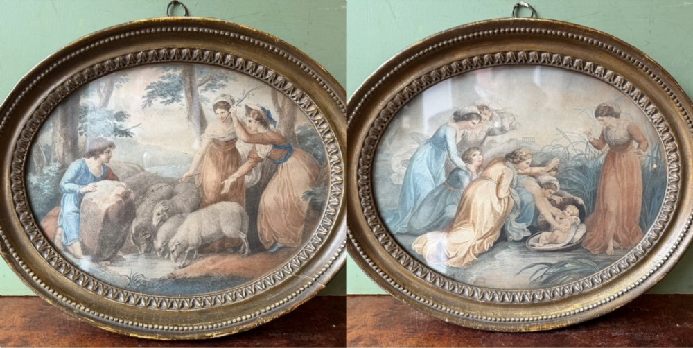 pair of early c19th oval giltwood framed coloured engravings in the manner of francesco bartolozzi