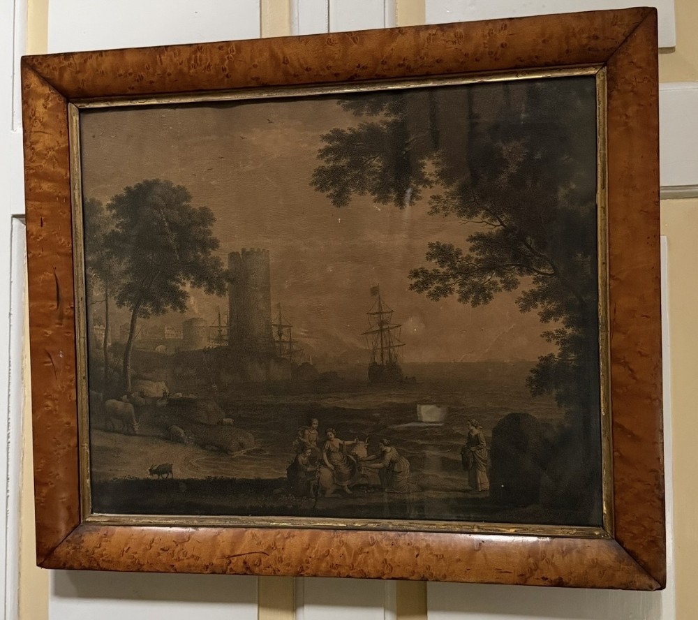 early c19th classical engraving after claude lorraine coast view with the abduction of europa in original glazed burr maple frame