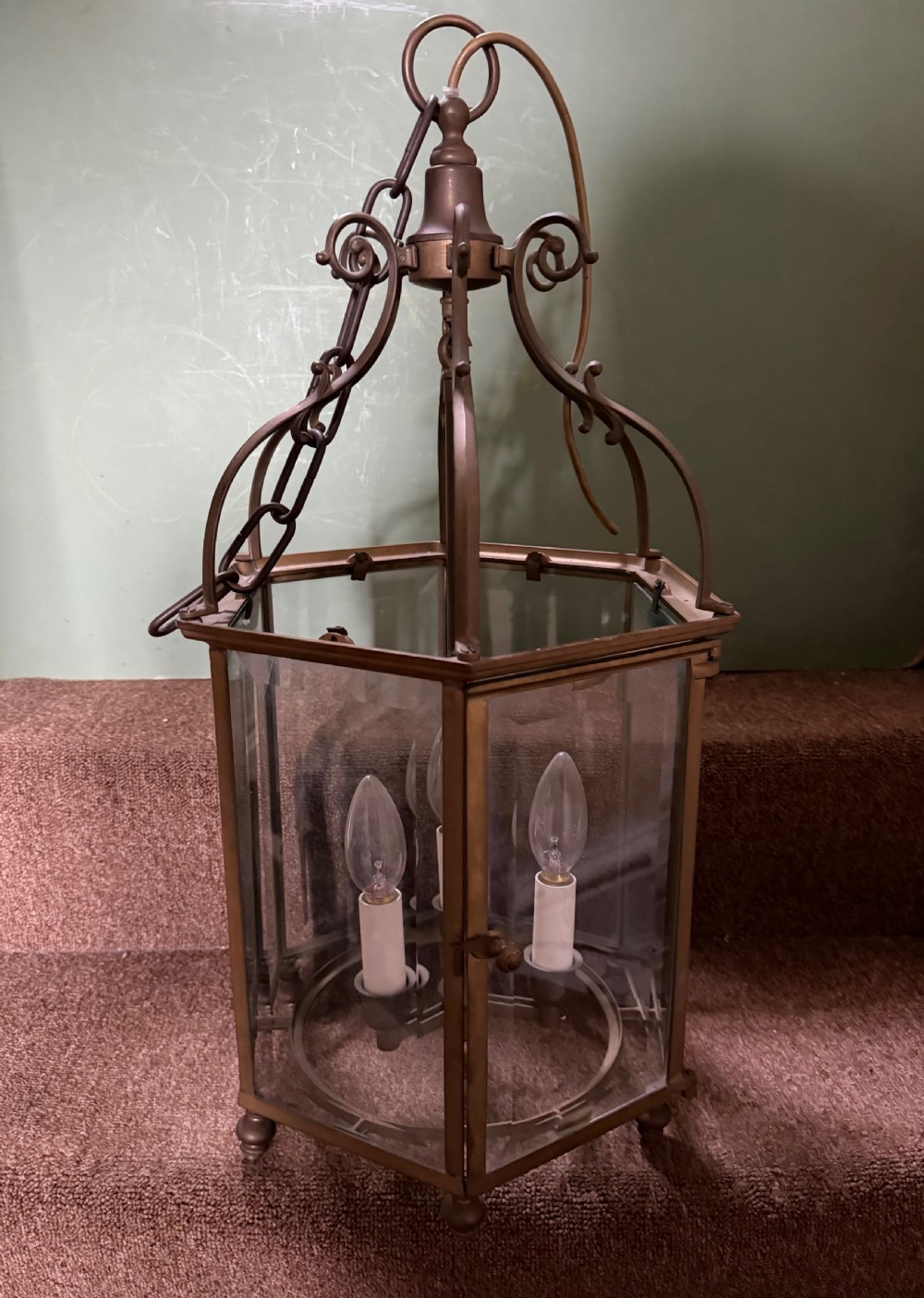 late c19th early c20th hexagonal brassframed hanging hall lantern in the georgian period style