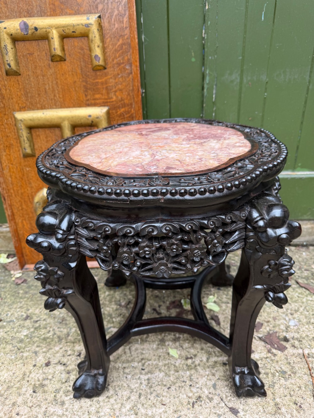 late c19th chinese qing dynasty carved hardwood hongmu low jardiniere stand or occasional table with inset variegated rouge marble top