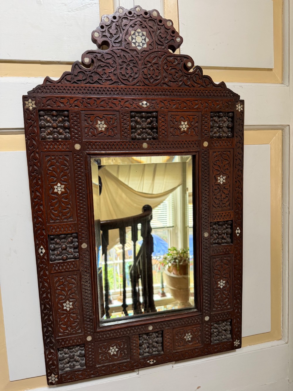 late c19th levantine carved frame mirror with nacreshell inlay and mashrabiya turned panels