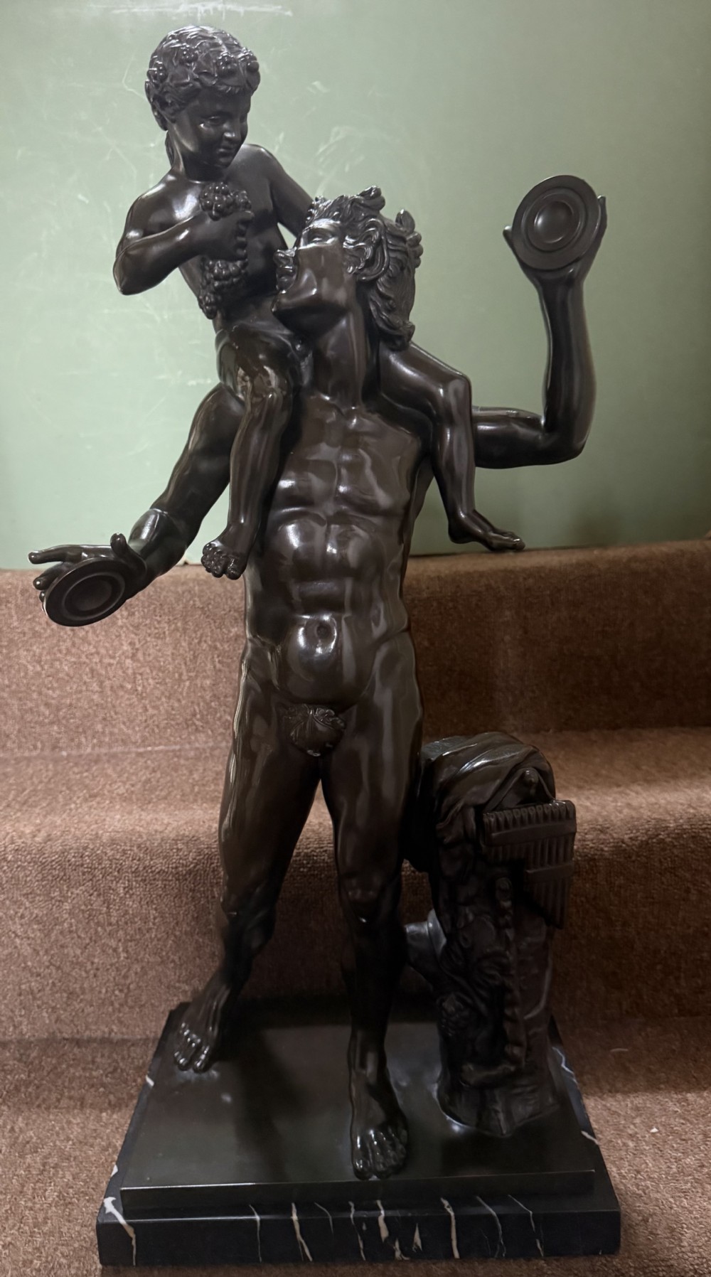large late c19th early c20th italian grand tour souvenir bronze study after the antique of pan and infant bacchus