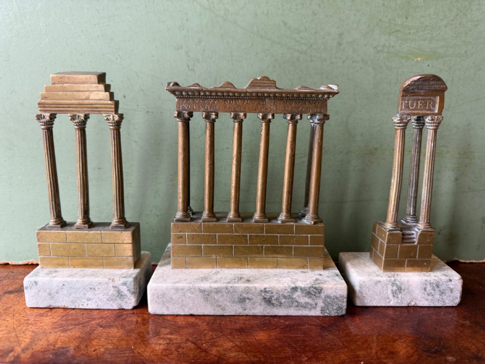 collection of 3 late c19th italian grand tour souvenir polished bronze miniature architectural temple ruin models of the foro romano