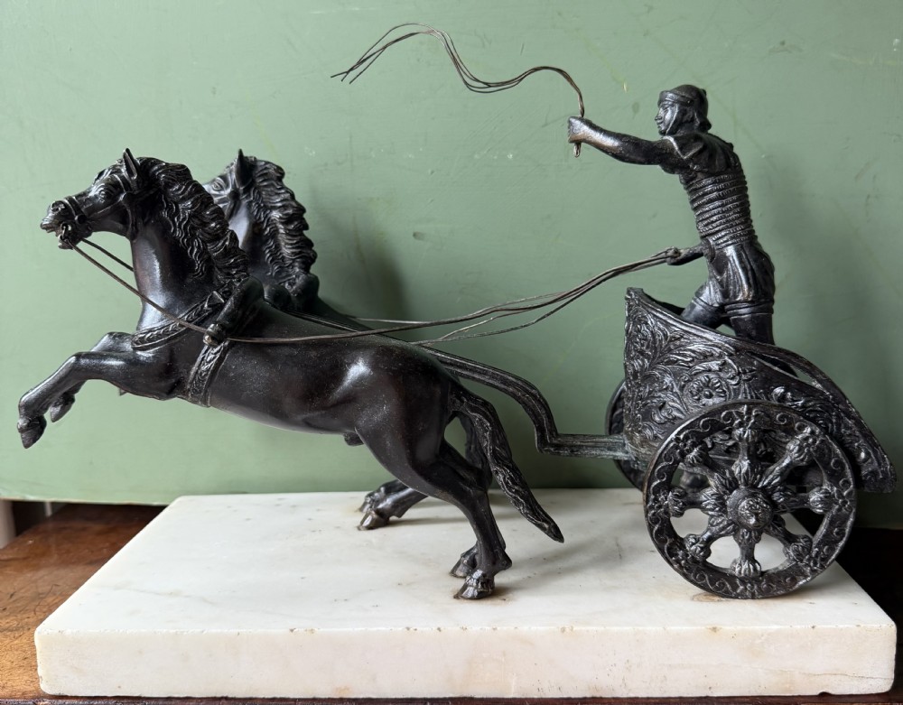 mid c19th italian grand tour souvenir bronze study of a charioteer with two horses mounted upon a white marble plinth base