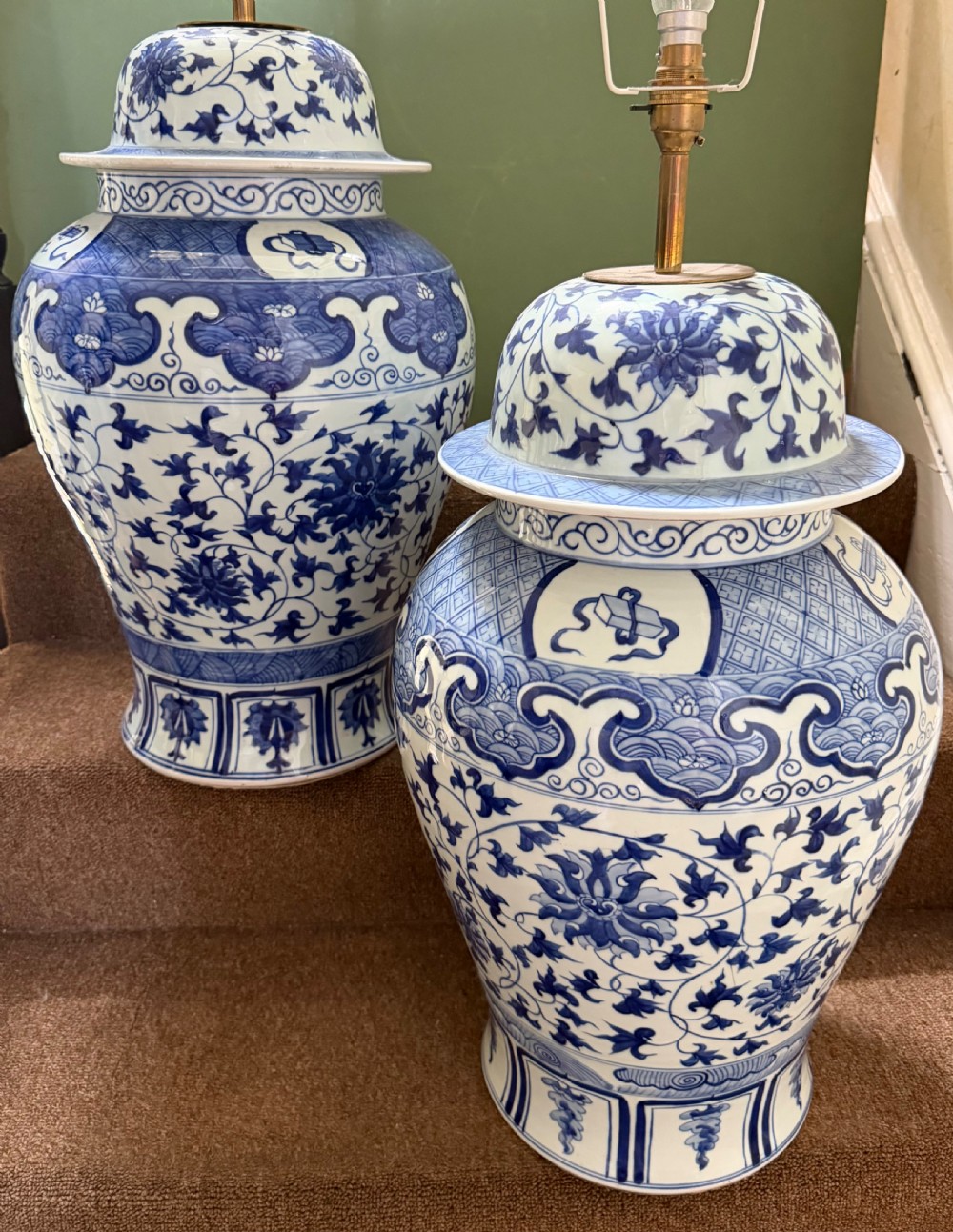 large pair of highly decorative mid c20th chinese blue and white porcelain lamp vases in the ming dynasty period style