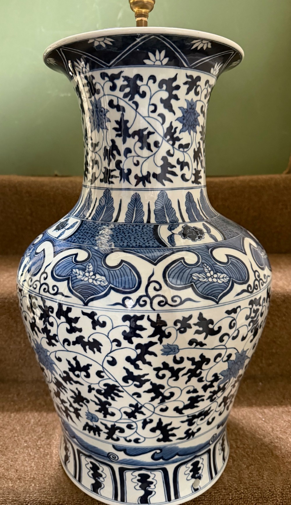 a large mid c20th chinese blue and white porcelain lamp vase in the ming dynasty style