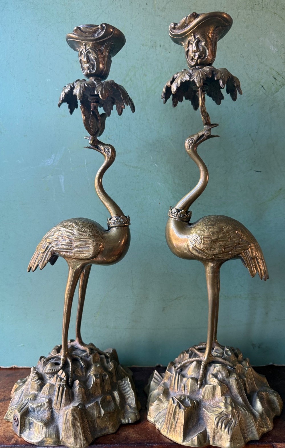 pair of early c19th william iv period gilt bronze candlesticks in the form of heraldic cranes by thomas abbott of birmingham