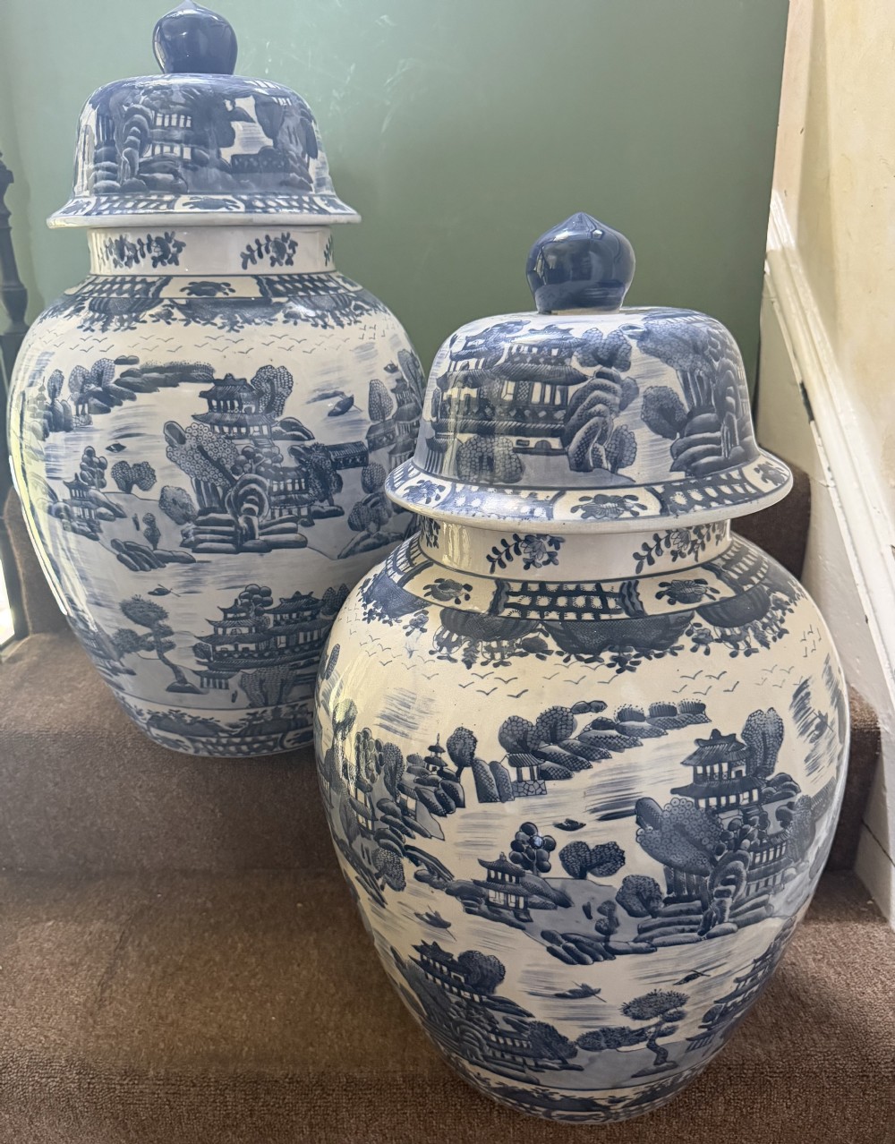 large pair of decorative mid c20th chinese blue and white porcelain baluster vases in the c18th kangxi period style