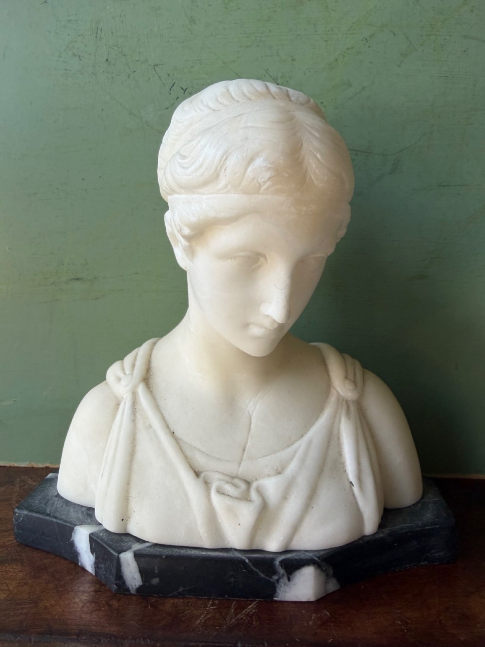 late c19th italian carved alabaster bust study of the roman goddess diana on a shaped marble plinth base