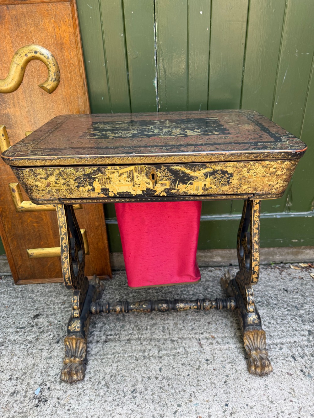mid c19th chinese export lacquer sewing or ladies worktable with gilded decoration