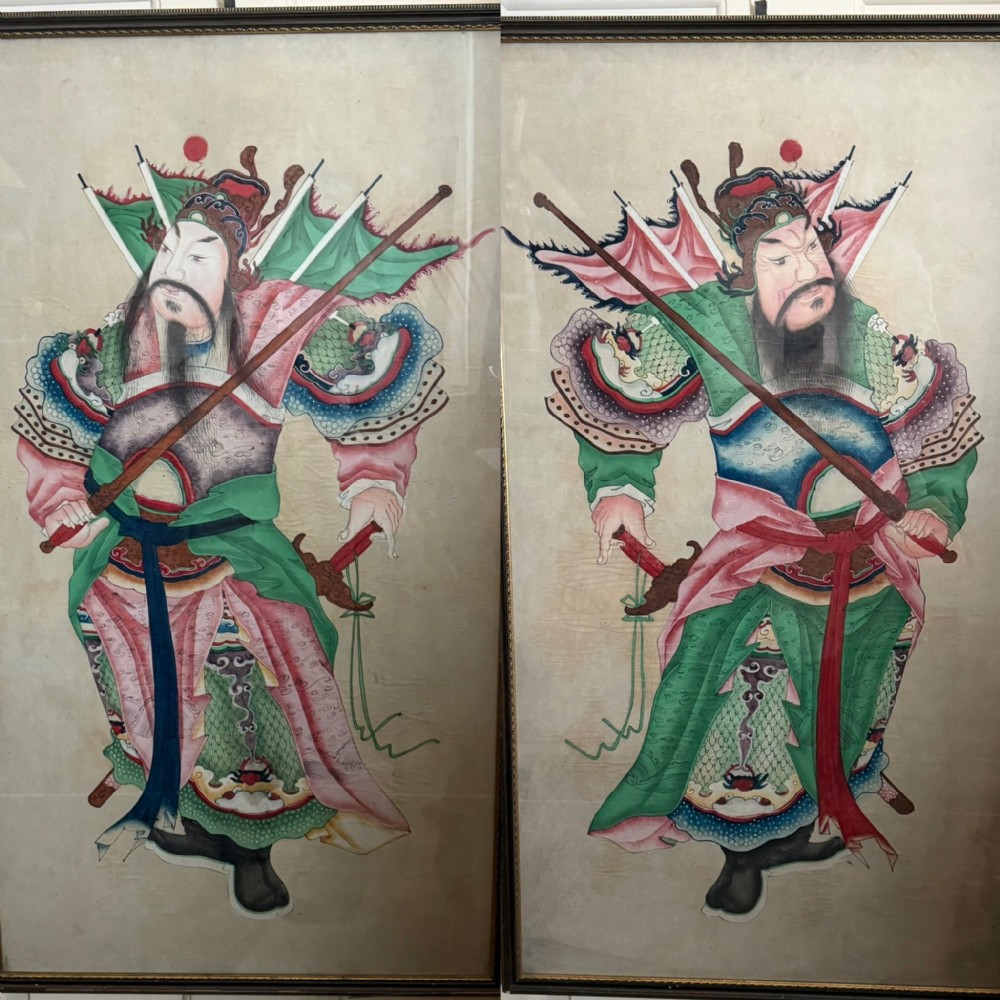 large pair of mid c19th finelypainted chinese watercolours depicting menshen or door gods