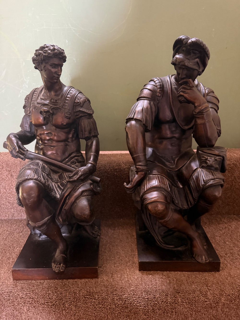 finely cast pair of large c19th italian grand tour souvenir bronze sculptures of lorenzo guiliano de medici after michelangelo