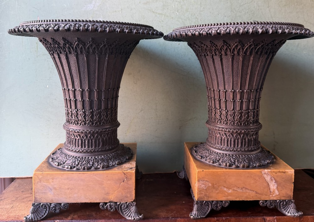 pair of early c19th french charles x period bronze vases on siena marble bases
