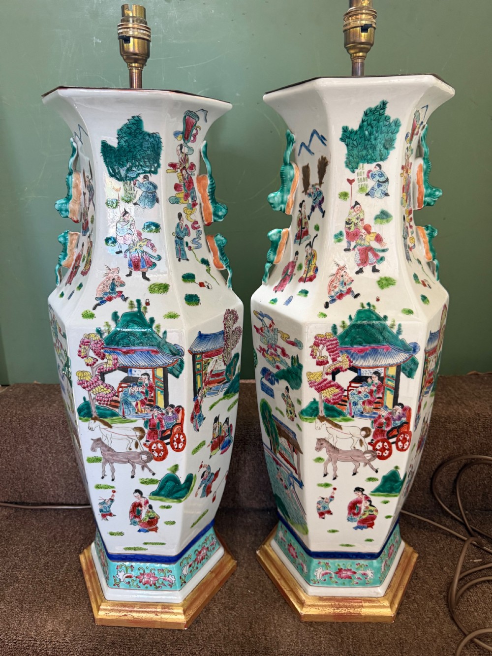 pair of largescale early c20th chinese familleverte porcelain lamps of mid c18th period design