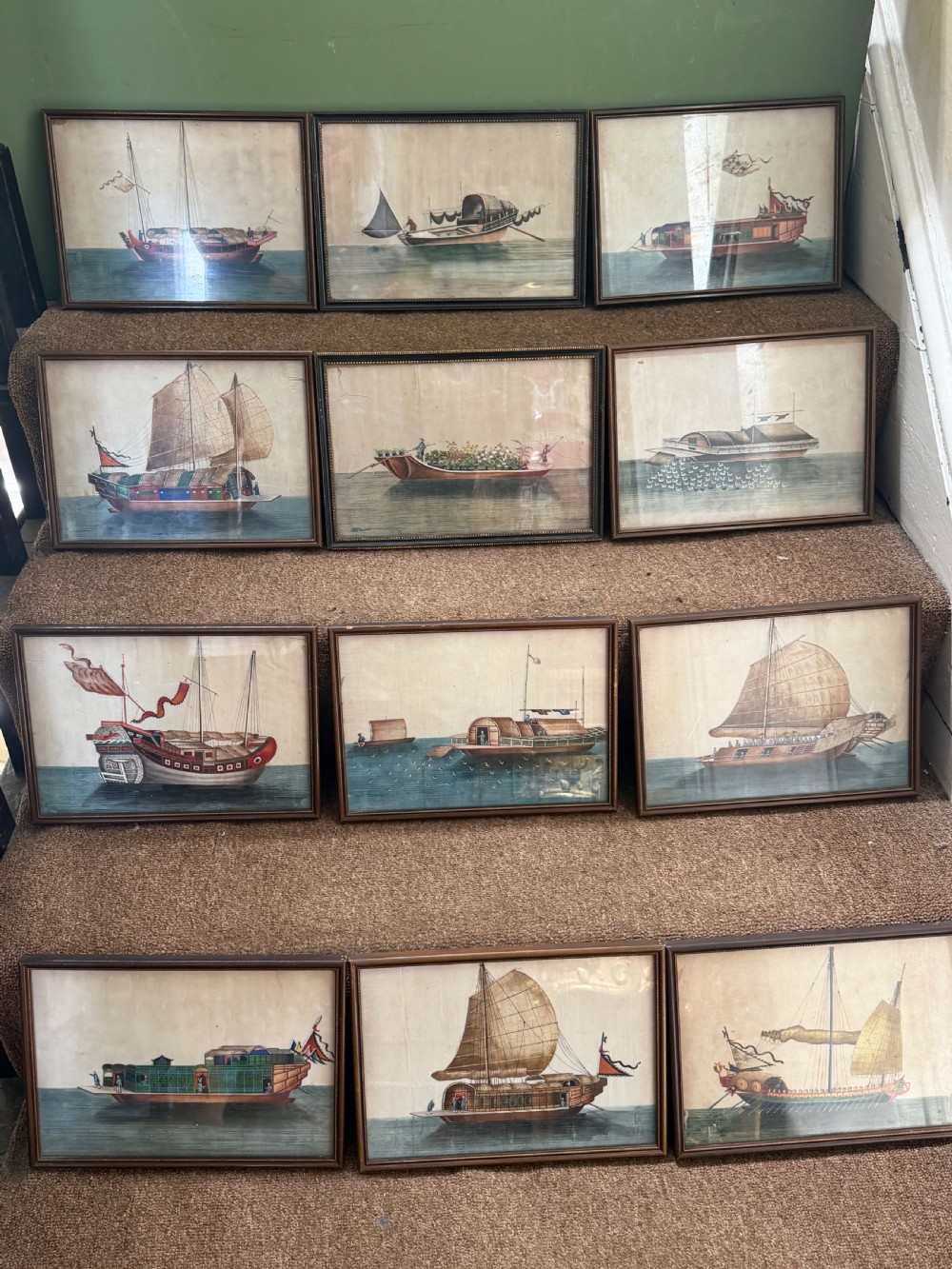 decorative set of 12 late c19th framed chinese export gouache watercolour paintings of junks and other ships