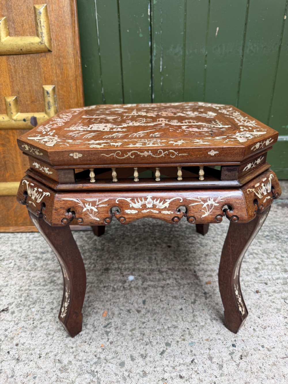 late c19th chinese hardwood square occasional table profusely inlaid with bone decoration