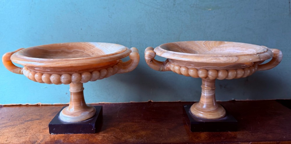 pair of c19th italian grand tour souvenir highlyfigured carved alabastro egiziano smallerscale tazze after the antique on black marble block bases