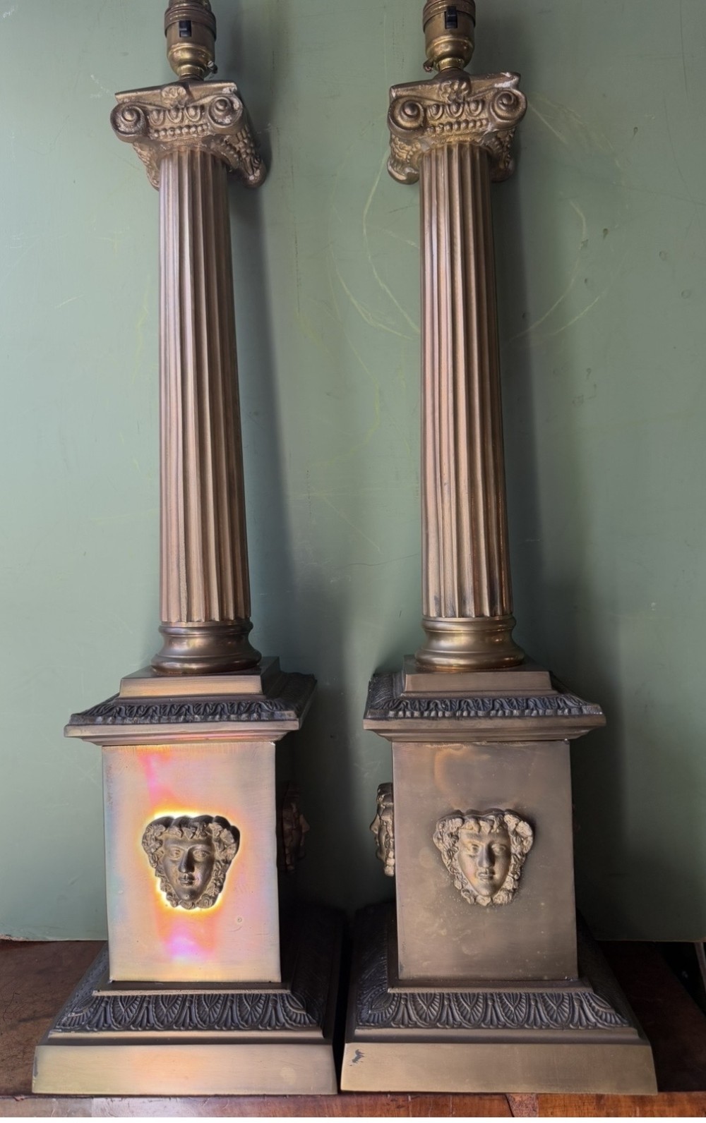 pair of bold early c20th brass table lamps of early c19th classical design