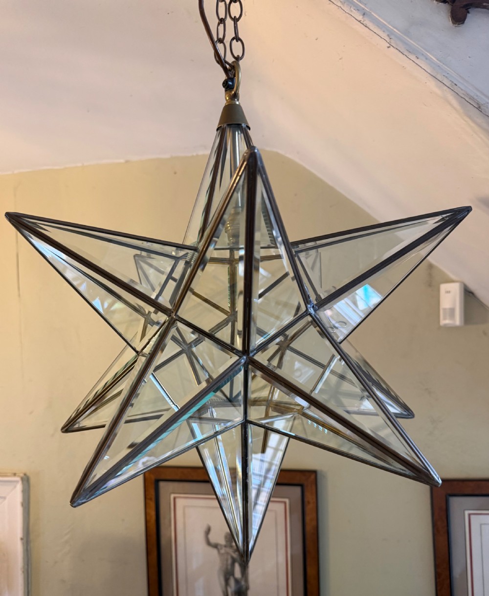 striking early c20th 12point brassframed bevelled glass moravian star hanging lantern