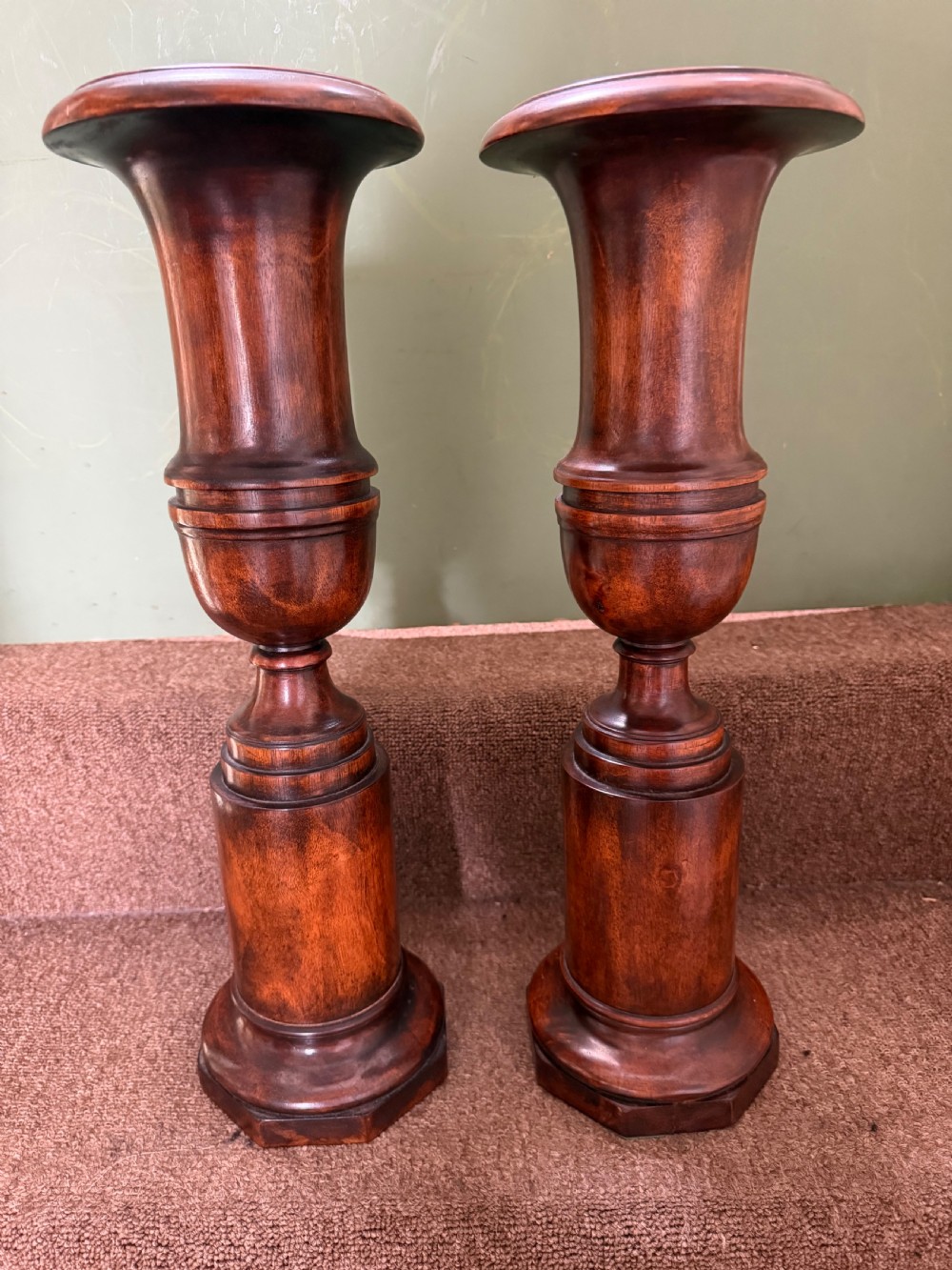 tall pair of decorative c19th turned walnut vases of neoclassical design