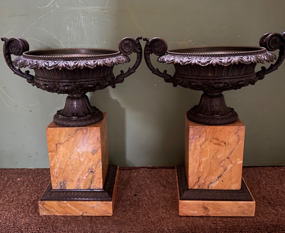 larger scale pair of early c19th french charles x period bronze tazze mounted on siena marble block plinth bases