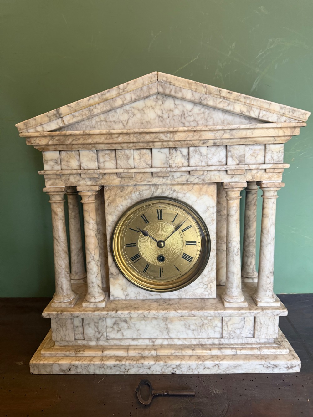 late c19th carved alabaster mantel clock of classical greek or roman architectural temple portico design